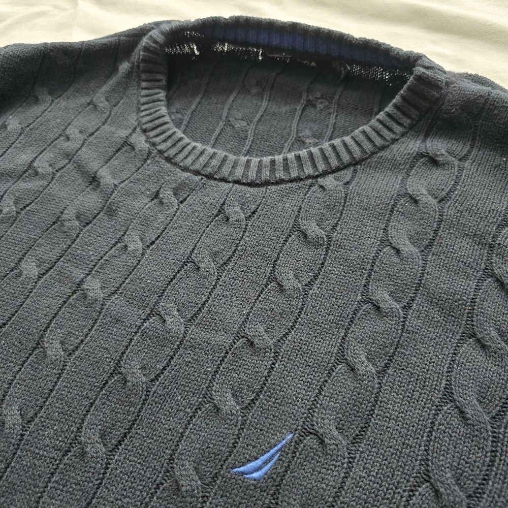 Nautica Navy Blue Cable Knit Crewneck Sweater